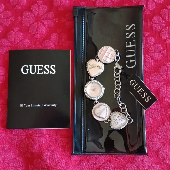 Guess pink enamel heart charm bracelet watch Guess Charm Bracelet Watch Women Silver Tone Charm Band Pink  main image 3